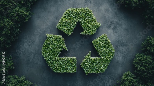 A lush green recycling symbol made of foliage, representing environmental sustainability, recycling, and nature's integration with eco-friendly practices. photo