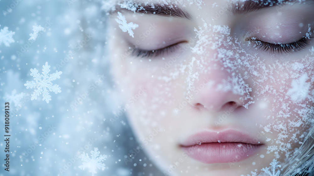 A serene and close-up portrait of a woman with her eyes closed, surrounded by delicate, glistening snowflakes. blurred background. Place for inscription A serene and close-up portrait of a woman with her eyes closed, surrounded by delicate, glistening snowflakes. blurred background. Place for inscription
