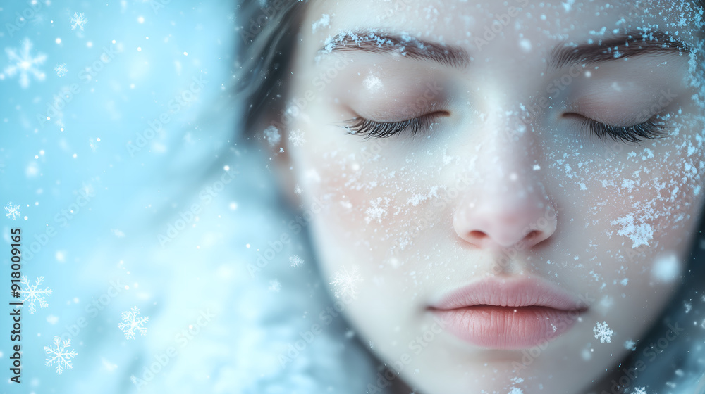 A serene and close-up portrait of a woman with her eyes closed, surrounded by delicate, glistening snowflakes. blurred background. Place for inscription A serene and close-up portrait of a woman with her eyes closed, surrounded by delicate, glistening snowflakes. blurred background. Place for inscription