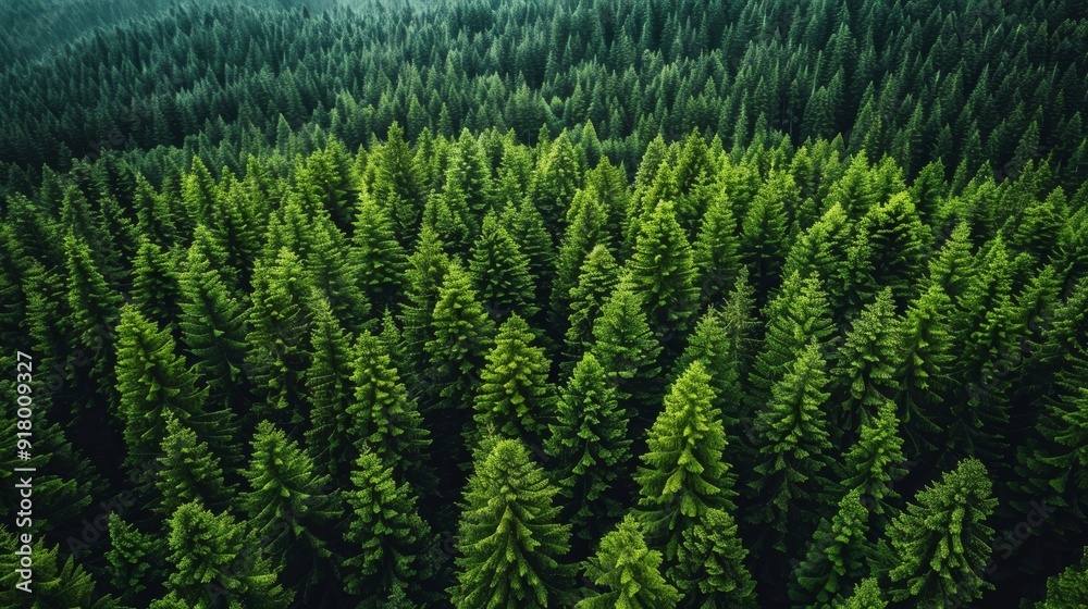 Aerial view of dense evergreen forest in early morning mist Aerial view of dense evergreen forest in early morning mist