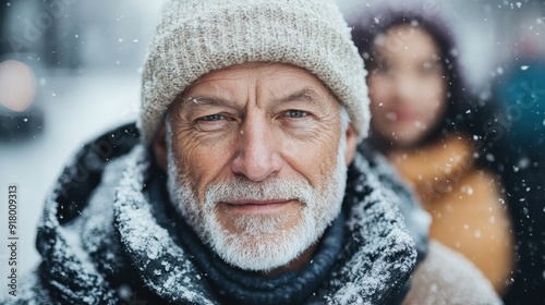 Dressed warmly in a beanie and scarf, a person is seen standing in a snowy environment. Snowflakes gently falling onto their outfit, creating a picturesque winter scene.