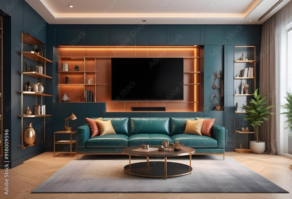 A living room with a blue wall and a painting of a bird on the wall Photo modern style interior room 3d illustration A living room with a blue wall and a painting of a bird on the wall Photo modern style interior room 3d illustration