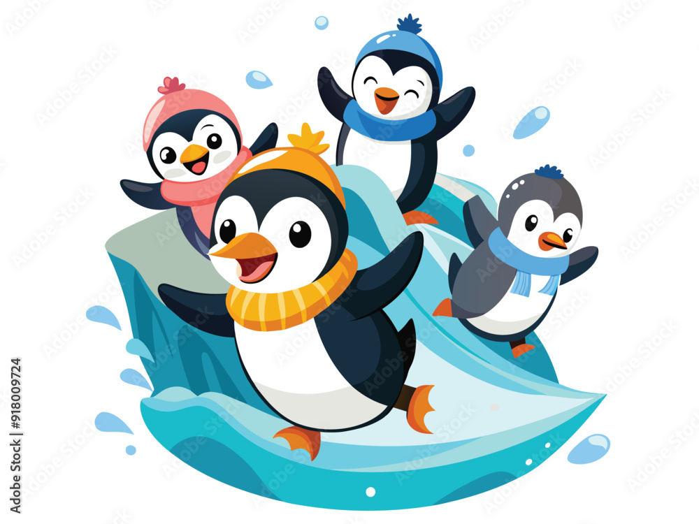 Naklejka premium a group of cheerful penguins sliding on ice.eps