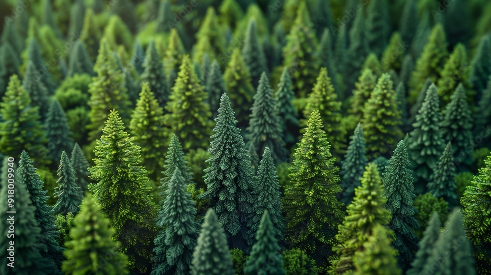 Dense green coniferous forest landscape in daylight with various tree heights Dense green coniferous forest landscape in daylight with various tree heights