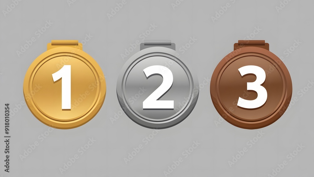 A set of medals in different colors with ribbons on them, in circles, stars, ranks, second and third. A set of medals in different colors with ribbons on them, in circles, stars, ranks, second and third.