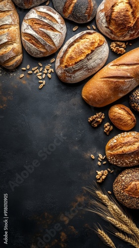 Freshly Baked Assortment of Artisan Bread on Dark Surface Generative AI