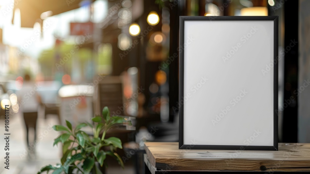 Black-framed white poster in front of blurred cafe background for product promotion concept Black-framed white poster in front of blurred cafe background for product promotion concept
