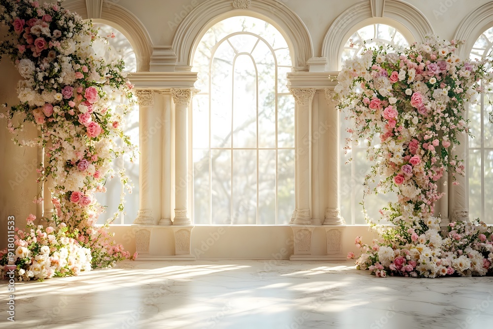 Background wedding luxurious white room with flowers and sunshine through the windown generate AI Background wedding luxurious white room with flowers and sunshine through the windown generate AI