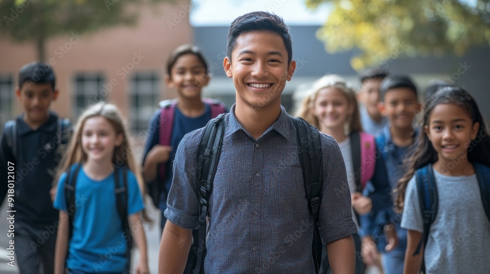 A group of young people are smiling and walking together A group of young people are smiling and walking together