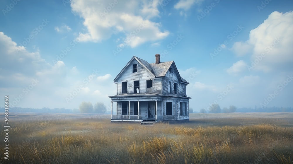 derelict house with a collapsing roof and boarded-up windows is surrounded by empty lots and tall grass. derelict house with a collapsing roof and boarded-up windows is surrounded by empty lots and tall grass.