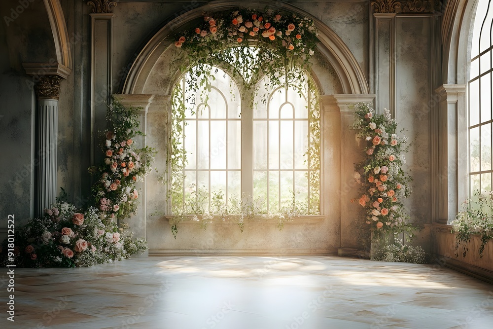 Background wedding luxurious white room with flowers and sunshine through the windown generate AI Background wedding luxurious white room with flowers and sunshine through the windown generate AI