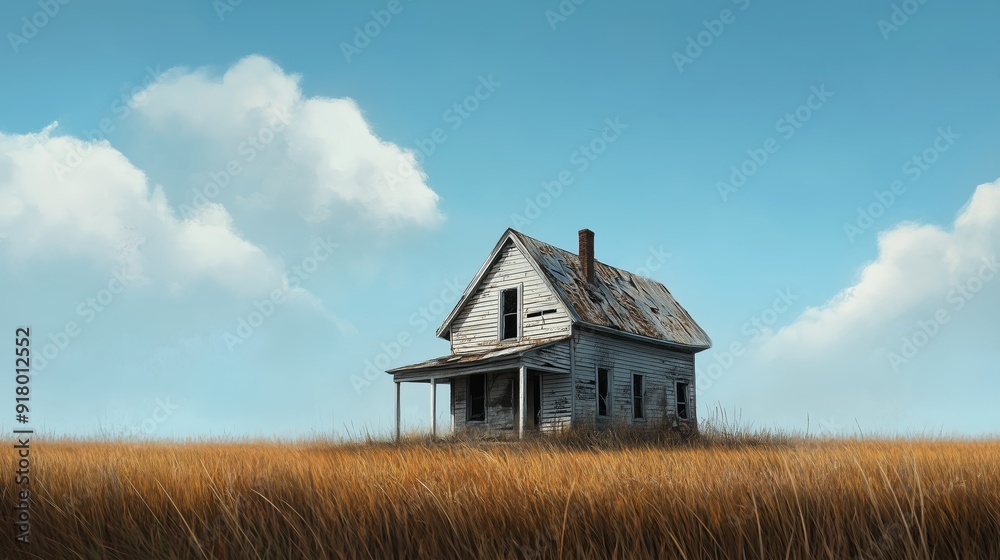 derelict house with a collapsing roof and boarded-up windows is surrounded by empty lots and tall grass. derelict house with a collapsing roof and boarded-up windows is surrounded by empty lots and tall grass.