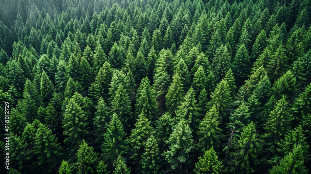 Aerial view of dense evergreen forest in the early morning light Aerial view of dense evergreen forest in the early morning light