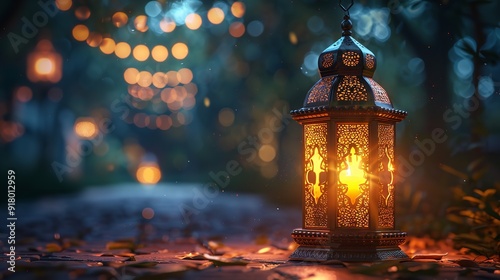 Enchanting Illuminated Lantern with Bokeh Light Background