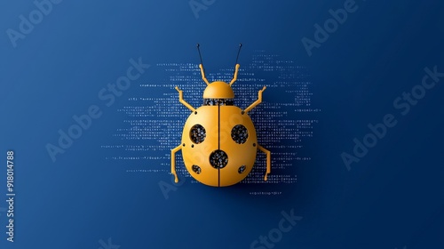 A visual representation of a digital bug symbolizing a cybersecurity threat, surrounded by code on a blue background.