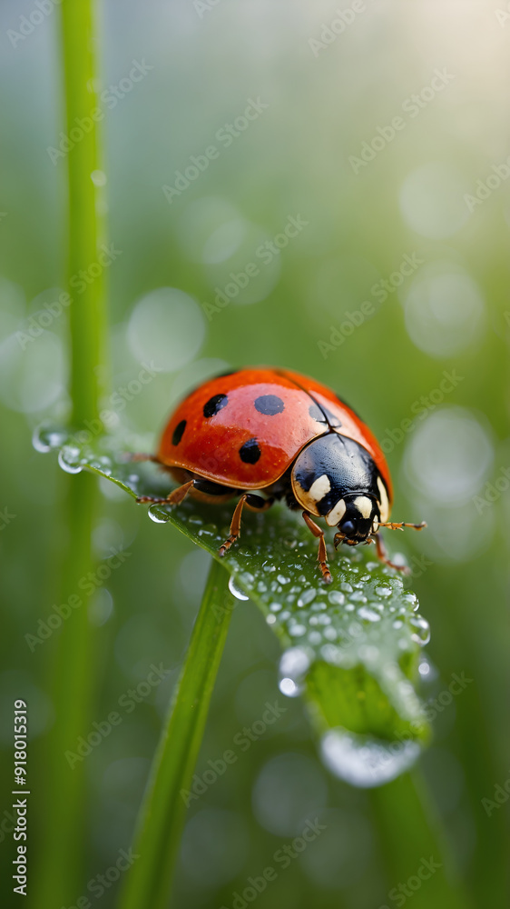 Fototapeta premium Ladybug on wet green leaf 