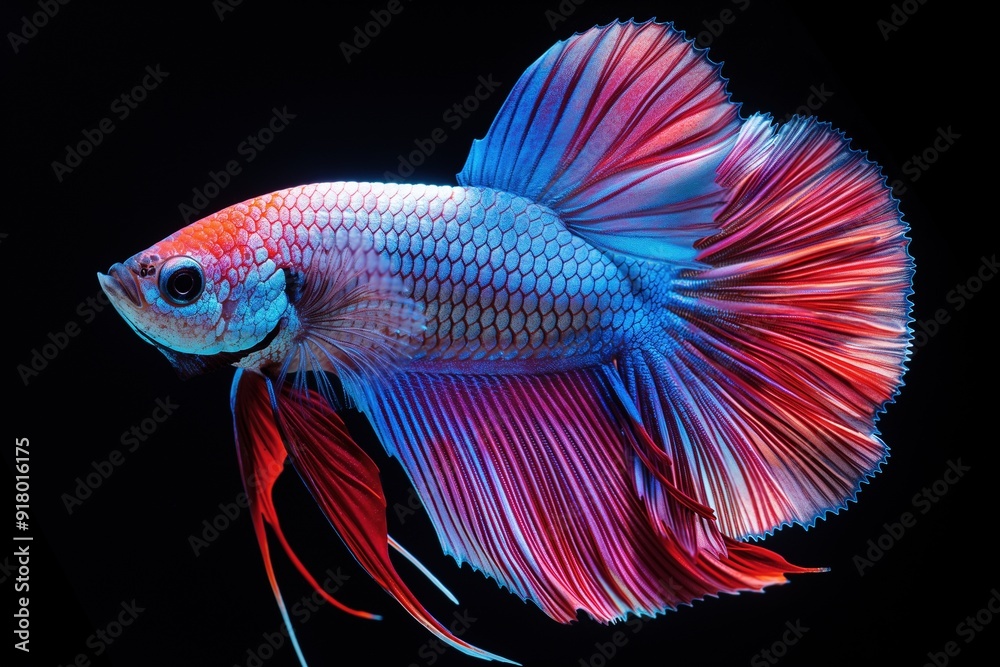 A vibrant blue and red betta fish with flowing fins against a black background. A vibrant blue and red betta fish with flowing fins against a black background.