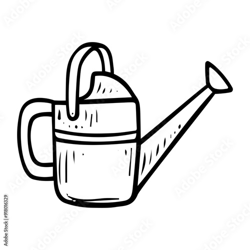 Garden watering can hand drawn in doodle style. Hobby gardening. Tool with handle and sprayer for treating plants with water. Vector line art illustration.