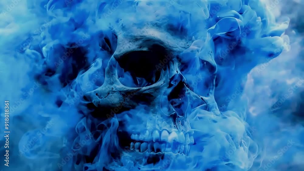 A human skull partially obscured by swirling blue smoke. A human skull partially obscured by swirling blue smoke.