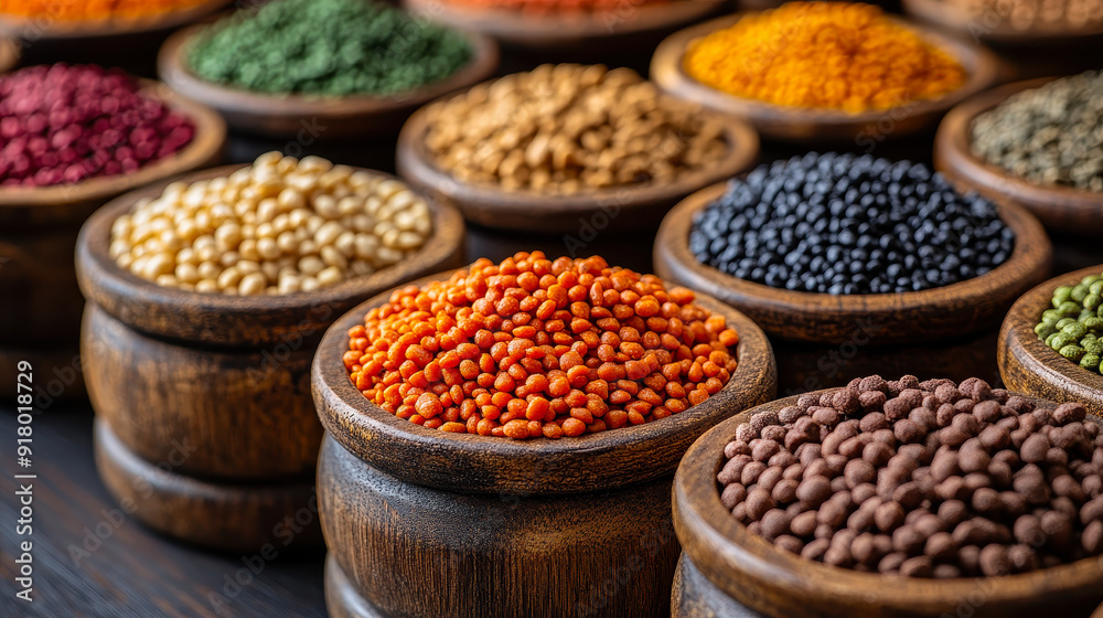 Variety of Colorful Dry Kibble Animal Food in Wooden Bowls Displayed on Wooden Tabletop Variety of Colorful Dry Kibble Animal Food in Wooden Bowls Displayed on Wooden Tabletop