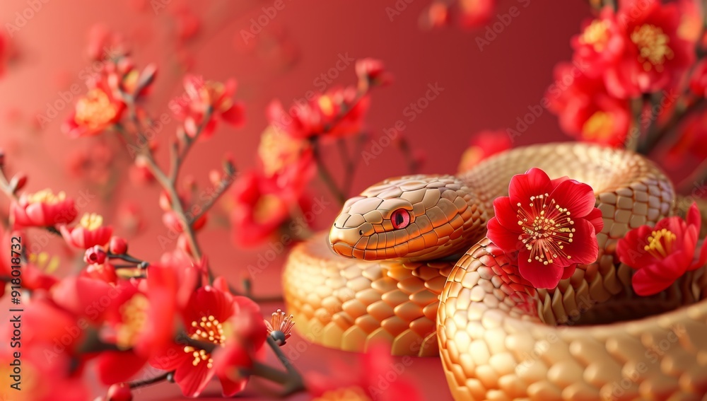 A beautifully golden snake is nestled among radiant red flowers and branches, showcasing an enchanting blend of flora and reptilian grace. Chinese New Year, Year of the Snake. A beautifully golden snake is nestled among radiant red flowers and branches, showcasing an enchanting blend of flora and reptilian grace. Chinese New Year, Year of the Snake.