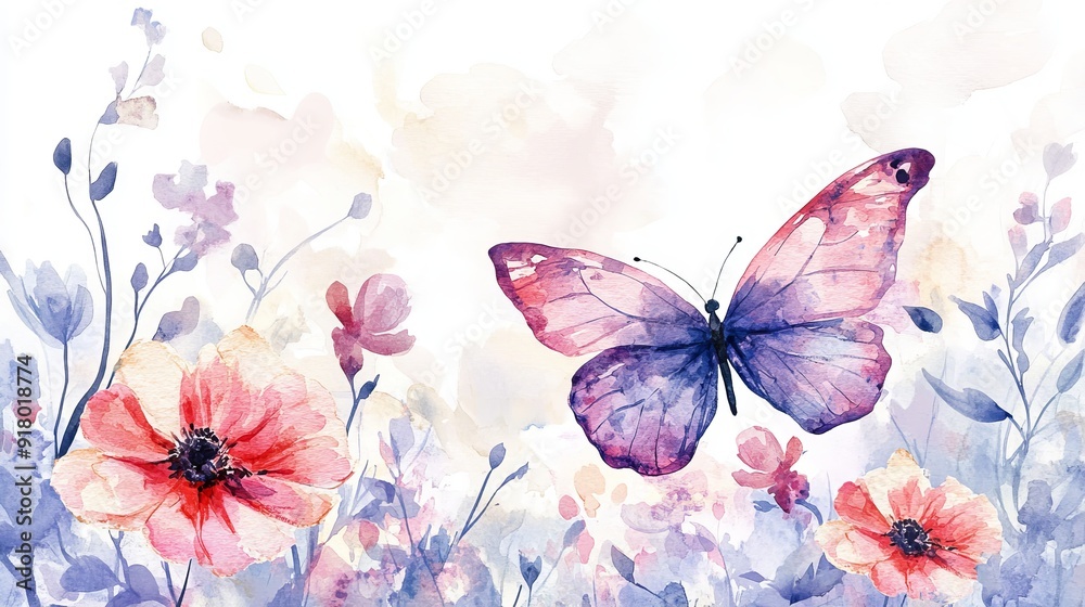 Hand-painted watercolor flowers and butterflies. Hand-painted watercolor flowers and butterflies.