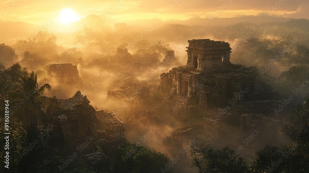 Fototapeta premium Ancient Temple in the Mist at Sunrise