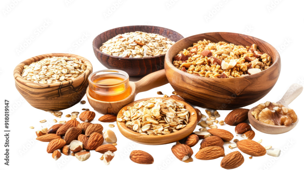 Delicious Oatmeal and Granola Breakfast with Almonds and Honey , isolated over a transparent background Delicious Oatmeal and Granola Breakfast with Almonds and Honey , isolated over a transparent background