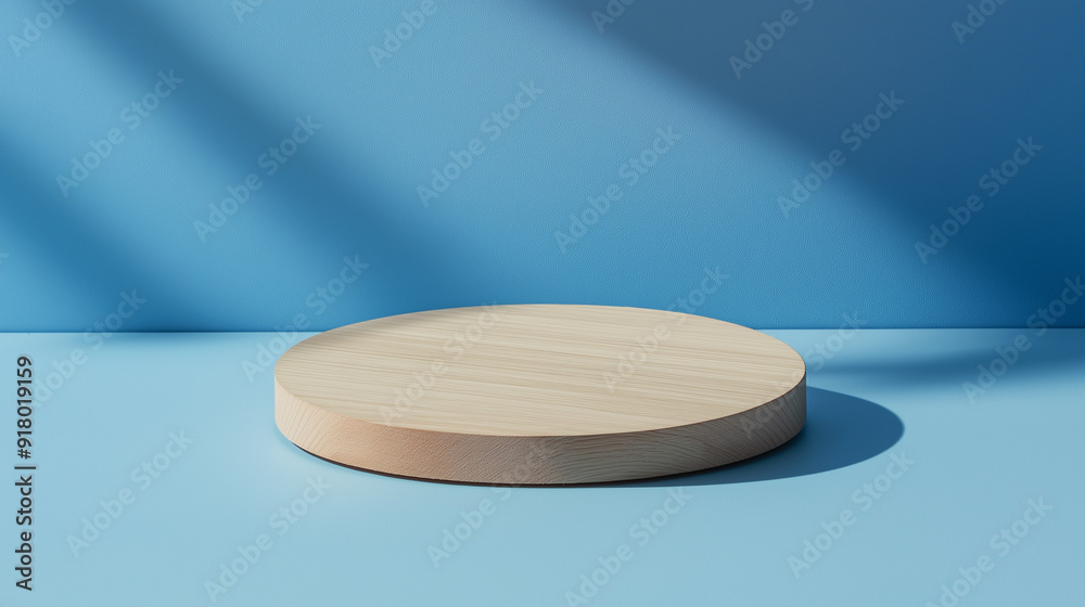 3d rendering of wooden podium or cutting board. Minimalist blue wall scene. For presentation of natural products. Empty space