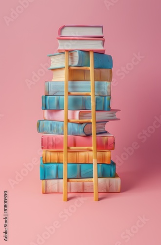 Colorful stack of various books on a pink background with a yellow ladder on top, representing education and knowledge.