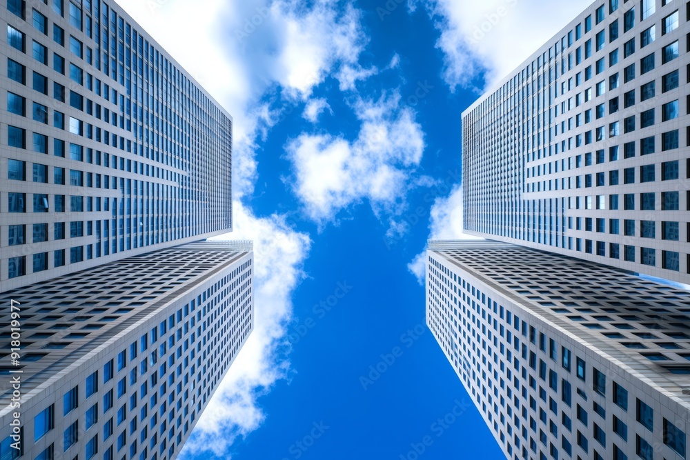 Modern skyscrapers in the city , low angle view, blue sky with clouds, symmetrical composition, geometric patterns on buildings