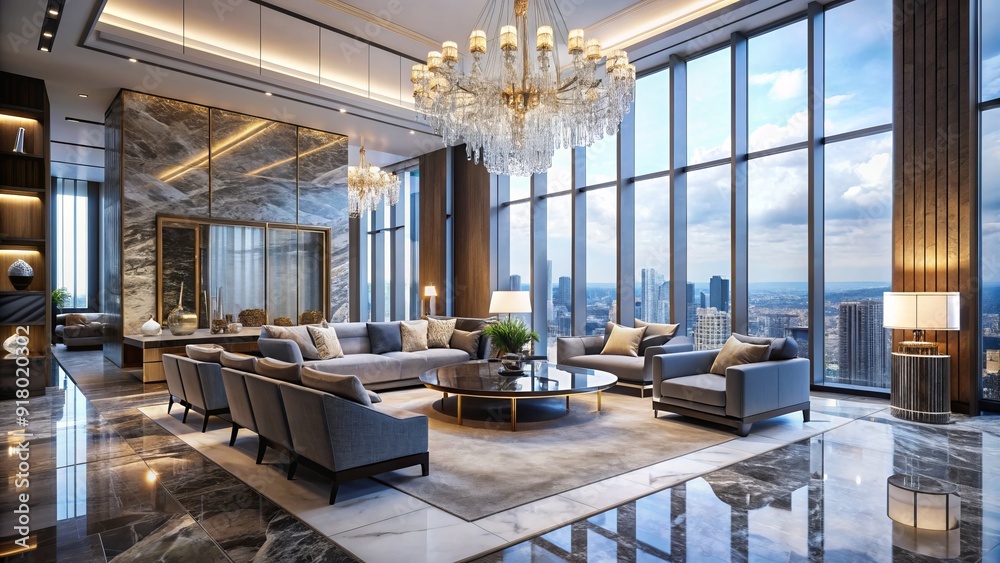 Sleek, contemporary interior showcases lavish decor, including marble accents, lavish chandeliers, and floor-to-ceiling windows, exuding opulence and refinement in a luxurious urban setting.