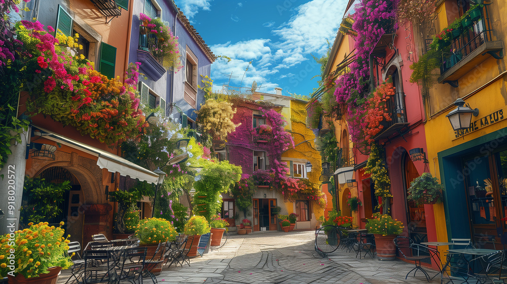 Fototapeta premium A public plaza surrounded by buildings with facades entirely covered in colorful flowering plants