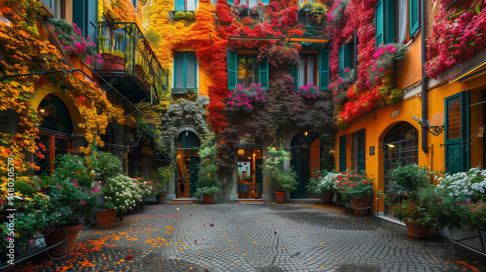 Fototapeta premium A public plaza surrounded by buildings with facades entirely covered in colorful flowering plants