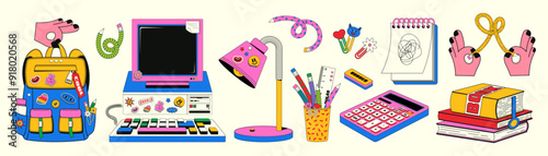 Trendy, bright set of back to school themed elements in a retro linear style with y2k aesthetics. Vector illustration of school backpack, desktop computer, books, notepad and various office supplies.