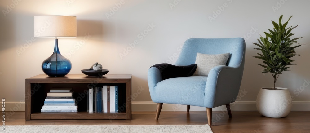 Fototapeta premium A cozy minimalist living room featuring modern furniture, a comfortable armchair, wooden tables, and elegant decor elements. A perfect blend of style and functionality.