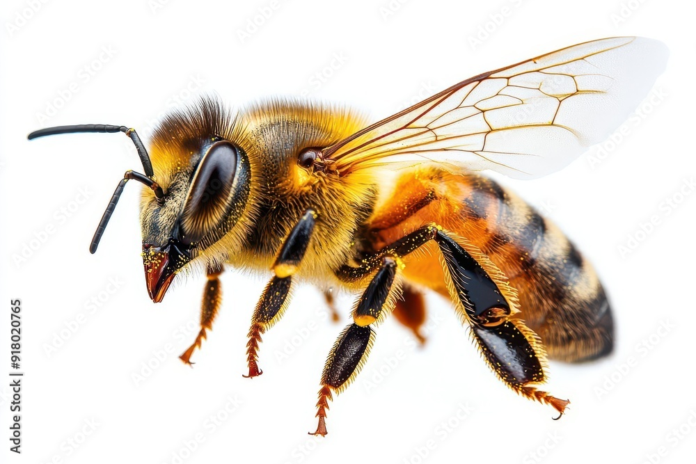 macro photograph of honey bee in flight wings spread midair pollencovered body sharply focused against pure white background macro photograph of honey bee in flight wings spread midair pollencovered body sharply focused against pure white background