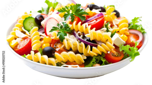 Delicious Pasta Salad with Fresh Vegetables , isolated over a transparent background