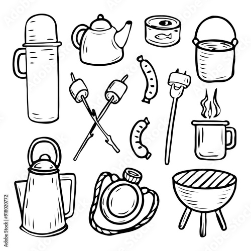 Set camping utensils for cooking hand drawn doodle. Picnic in nature. Grilled sausages, marshmallows, pot, kettle, thermos with hot drink, flask of water, canned food. Vector line art illustration.