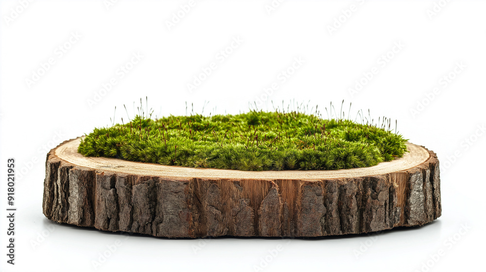 Wooden podium covered with green moss for presentation of natural products and cosmetics. Isolated on white background. Empty space Wooden podium covered with green moss for presentation of natural products and cosmetics. Isolated on white background. Empty space