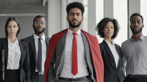 Five businesspeople posed as a united team, featuring a standout businessman in a striking red superhero cape costume. This scene symbolizes leadership, confidence, and the drive f
