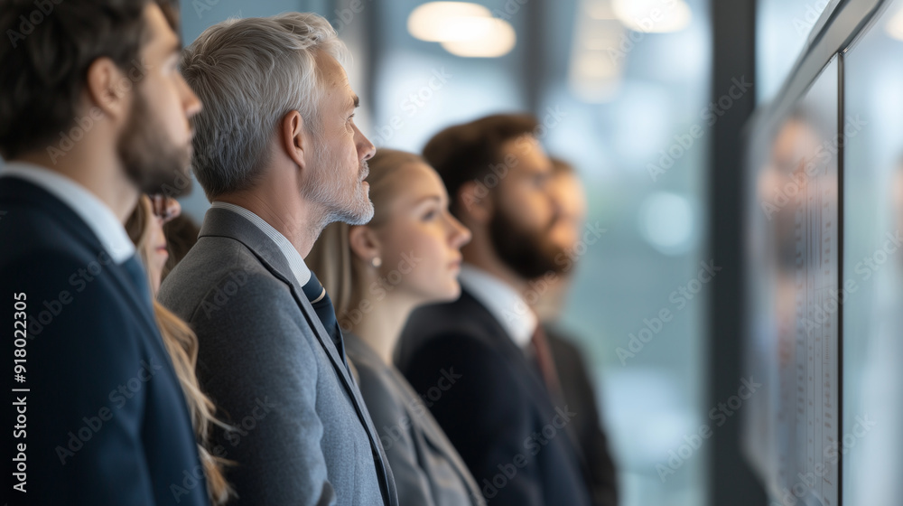 Corporate team of employees gathered around a display, reacting to bad news of a company bankruptcy. The office atmosphere is tense, reflecting the impact of a financial crisis and Corporate team of employees gathered around a display, reacting to bad news of a company bankruptcy. The office atmosphere is tense, reflecting the impact of a financial crisis and