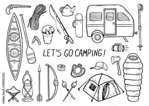 Camping in nature hand drawn in doodle style. Travel to holiday camp. Trailer, tent, kayak, campfire, sleeping bag. Hiking in the mountain forest to the lake. Vector line art illustration.