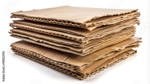 Stacked sheets of brown corrugated fiberboard, folded and creased, with worn edges and torn corners, against a white background with subtle shadows. photo