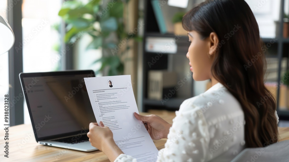 Close up view of female HR manager reading cv during virtual remote online job interview concept. Business woman employer holding resume hiring recruit in professional recruitment agency. Close up view of female HR manager reading cv during virtual remote online job interview concept. Business woman employer holding resume hiring recruit in professional recruitment agency.