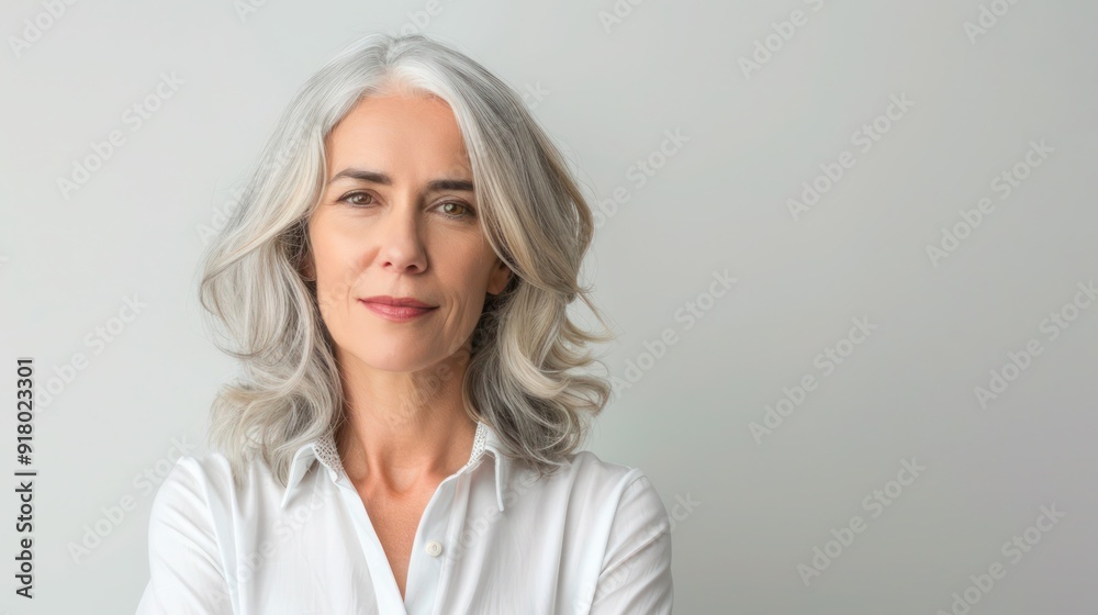 Fototapeta premium Confident beautiful mature business woman standing isolated on white background. Older senior businesswoman, 25s grey haired lady professional looking at camera, close up face headshot portrait