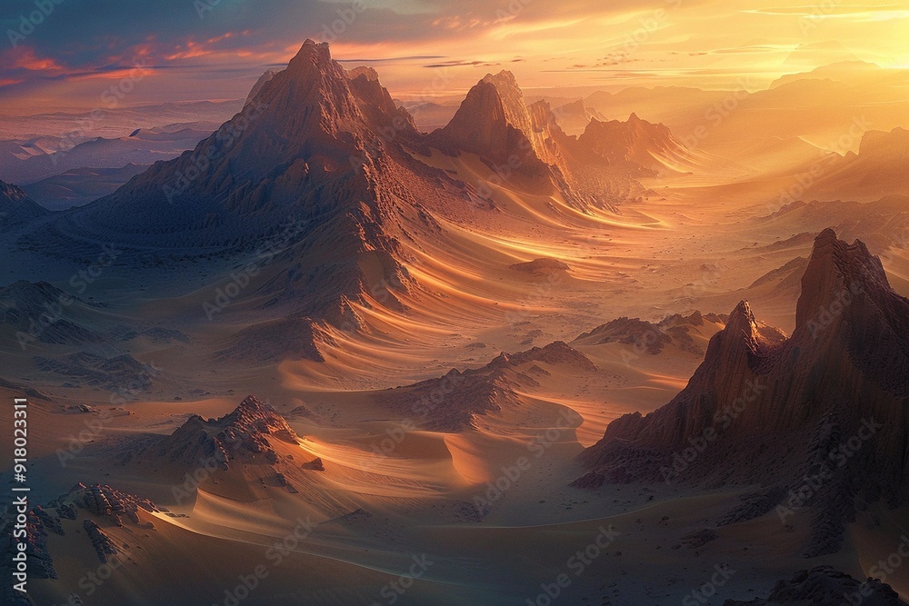 Naklejka premium Majestic Mountain Range at Sunset in a Desert Landscape