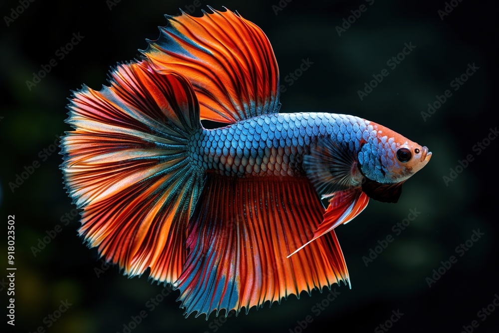 A vibrant Siamese fighting fish with orange, blue, and red fins displays its impressive tail in a close-up image. A vibrant Siamese fighting fish with orange, blue, and red fins displays its impressive tail in a close-up image.