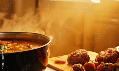 Cooking hearty and warming meals for cold winter nights, hyperrealistic . Video