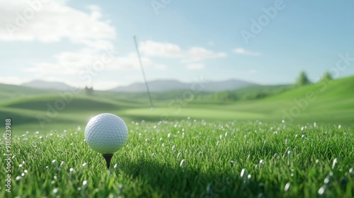 A detailed image of a golf ball resting on a tee, with the golf club positioned above it, set against a pristine green and a bright, clear sky. photo